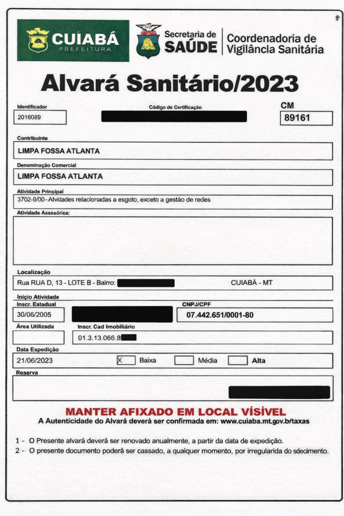 Alvará Sanitário Cuiabá - Limpa Fossa Atlanta Empresa 100% Legalizada