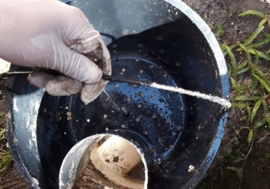 Técnico fazendo a limpeza da caixa de gordura 